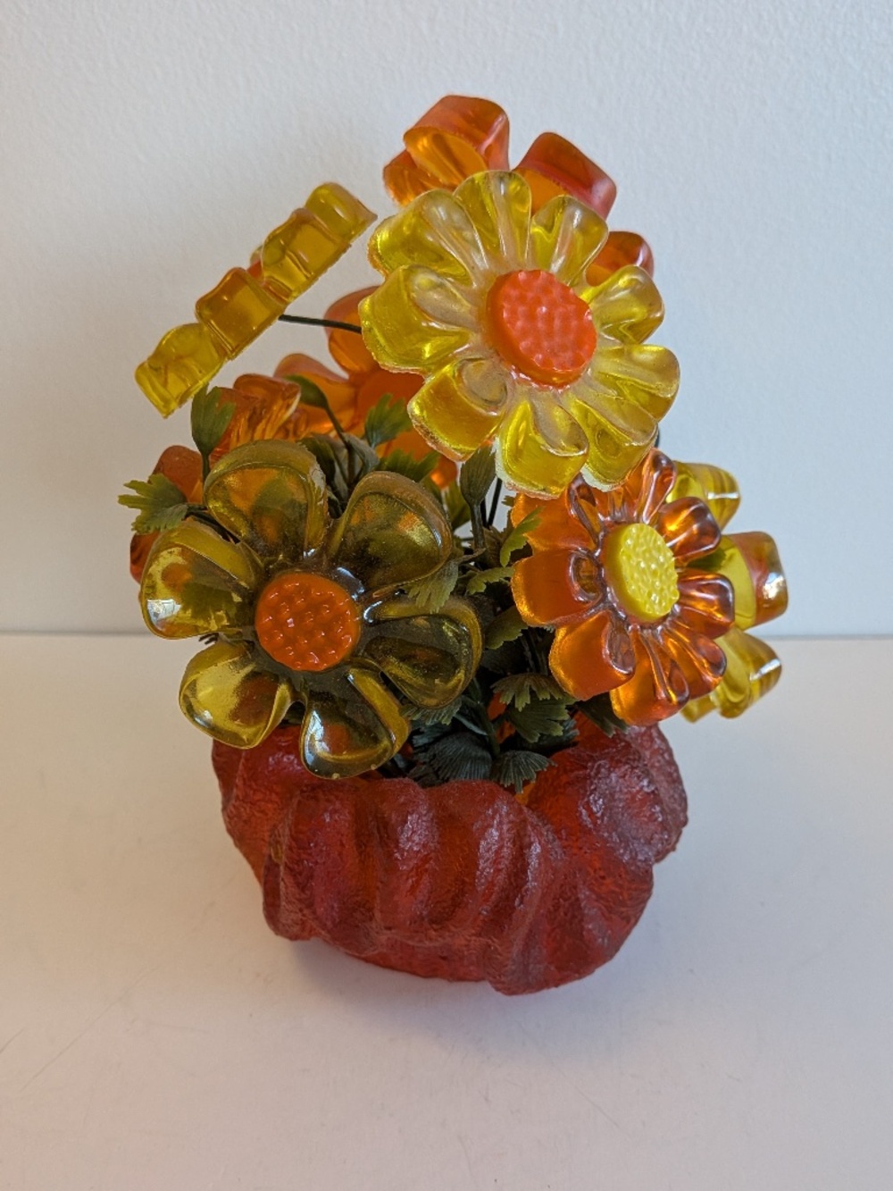 Vtg Orange Yellow Lucite Flower Arrangement Wire Sculpture Acrylic 60s MCM Retro